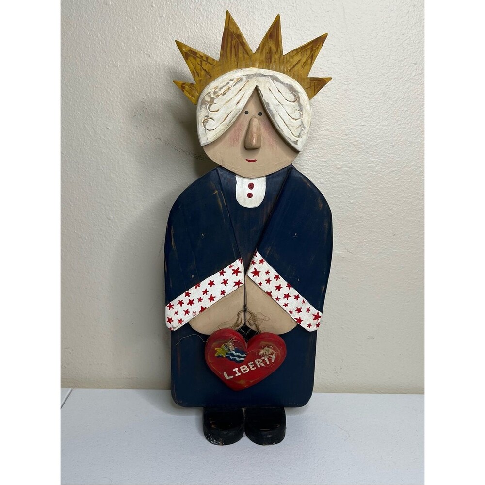 Vintage Folk Art Wooden Statue of Liberty Decor Patriotic 4th July Table Figure